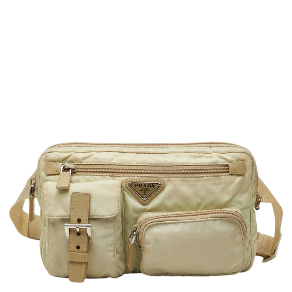 Prada Triangle Plate Waist Bag Body Green Beige Cream Leather